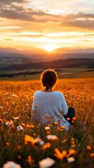 Fototapeta premium Person enjoying sunset in a flower-filled field.