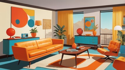Retro 1960s interior design poster with iconic mid-century furniture and decor