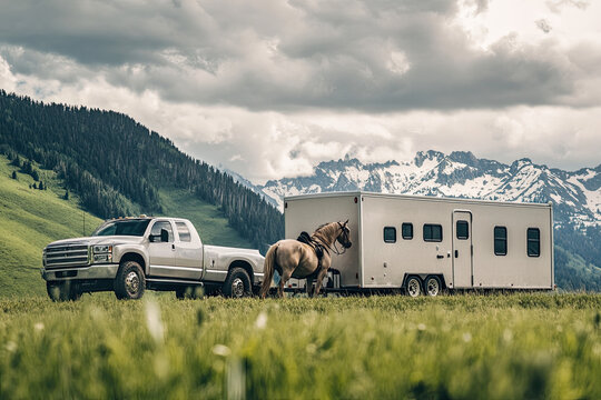 Truck towing a horse trailer to a riding competition