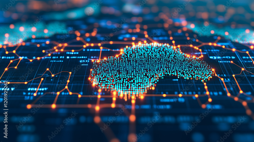 Poster digital car on circuit board: a futuristic concept image of a car rendered as a digital construct on