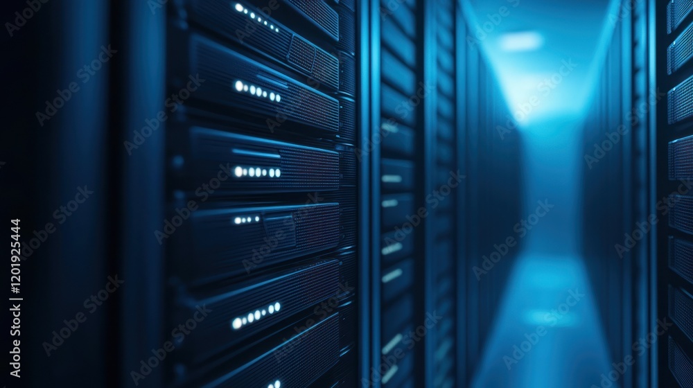 Poster modern data center with rows of server racks and blue lighting.