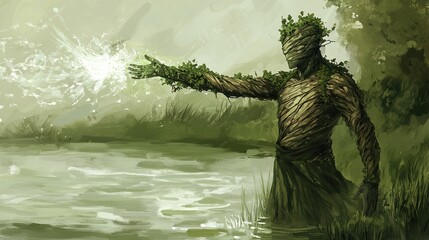 A mystical, tree-like figure stands by a tranquil lake, emanating energy from its hand.