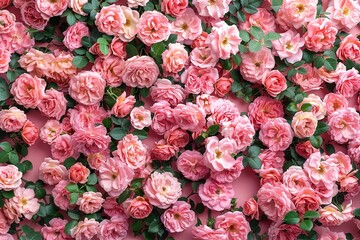 Fototapeta premium A wall of pink roses in full bloom, showcasing intricate details and natural beauty, with delicate texture and soft petals. Perfect concept for Women's Day, Mother's Day, Valentine's Day, Girl’s Day.