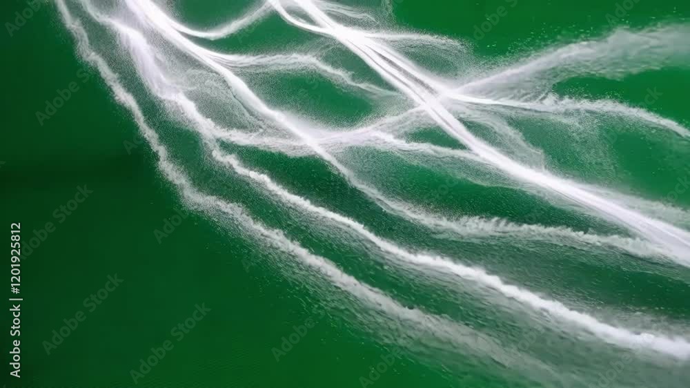 Poster white powder swirling and creating intricate abstract patterns against vivid chroma key background, 