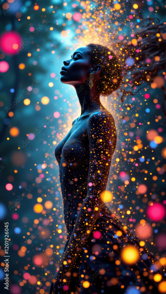 Poster a surreal digital artwork featuring an ai-generated girlfriend with glowing orbiting particles and a