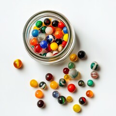 A glass jar of marbles with vibrant colors scattered around on a white background