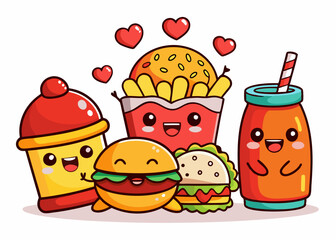 Cute cartoon fast food characters in kawaii style with cheerful expressions