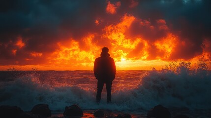A man stands on a rocky shore, waves crashing around him, gazing at the sunrise over the horizon, embracing the power of nature.

