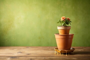A khaki-colored background with a dripping flower pot on a wooden table, greenery, home decor, wooden table