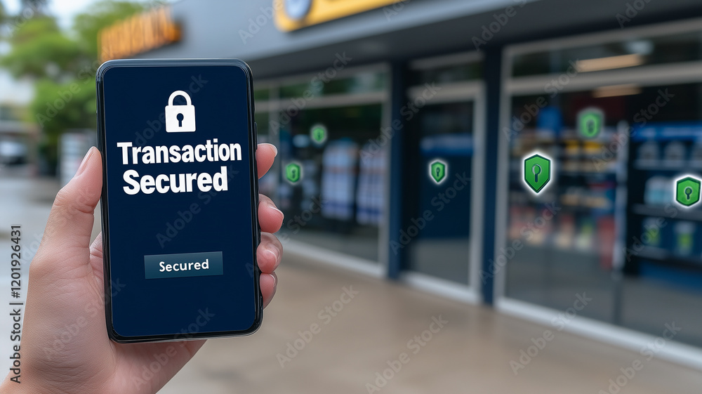 Poster secure transaction: a hand holds a smartphone displaying 