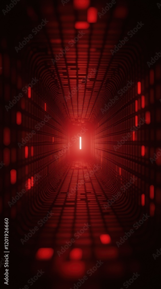 Poster a corridor illuminated by red lights, creating a futuristic feel.
