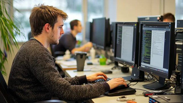 A man working on a computer in an office, side view of a young programmer writing code for software development using a multi-screen desktop setup, 