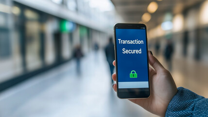 Secure Mobile Transaction: A person's hand holds a smartphone displaying "Transaction Secured" on the screen, a padlock icon signifying safe and secure online payment. The background is blurred.