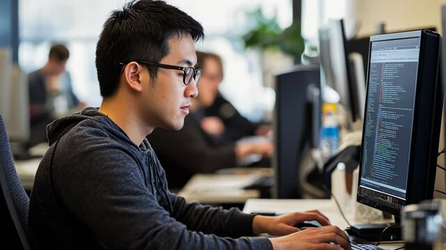 A man working on a computer in an office, side view of a young programmer writing code for software development using a multi-screen desktop setup, 