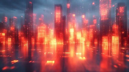 Naklejka premium Futuristic Cityscape Illuminated With Glowing Orange Towers