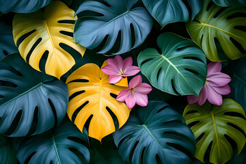 Vibrant Tropical Leaves and Delicate Pink Flowers Lush Green and Yellow Foliage Background