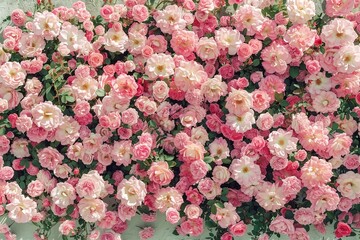 A wall of pink roses in full bloom, showcasing intricate details and natural beauty, with delicate texture and soft petals. Perfect concept for Women's Day, Mother's Day, Valentine's Day, Girl’s Day.