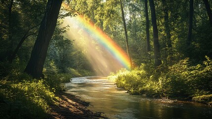 Rainbow Arcing Over Forest Stream Sunlight Beams