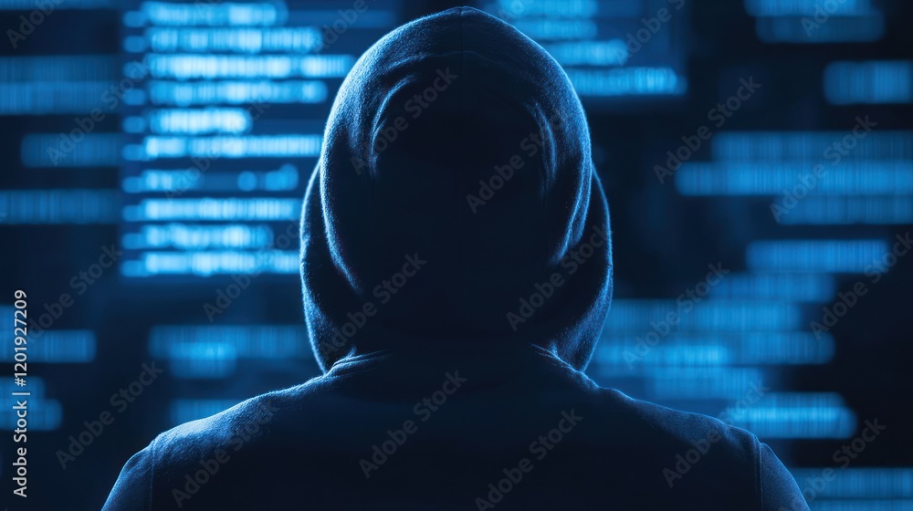 Poster a hooded figure working in a digital environment, coding intently.