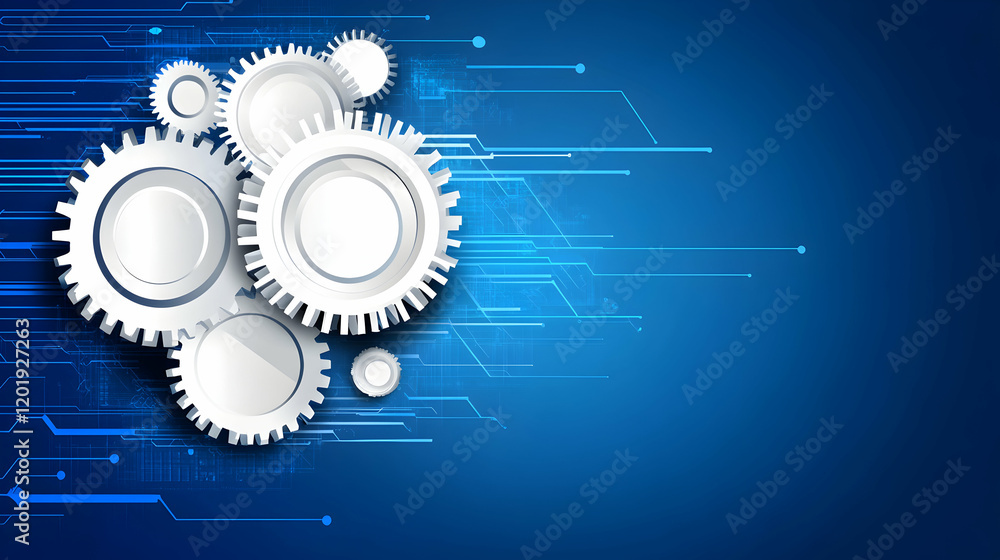 Poster abstract technology background featuring interconnected gears on a vibrant blue circuit board design