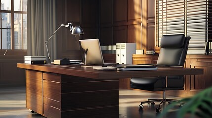 Modern Executive Office Desk Setup with Luxurious Chair