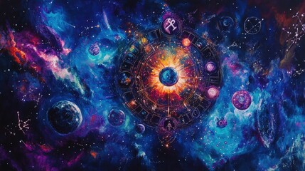 Obraz premium A vibrant depiction of the 12 zodiac symbols arranged in a glowing celestial wheel, surrounded by constellations