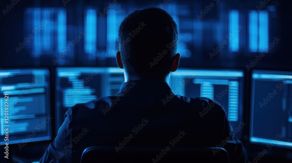 Poster a person analyzing data on multiple screens in a darkened room.
