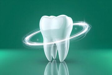 Shiny White Tooth. A sparkling white tooth on a green background, representing dental health, hygiene, and whitening.