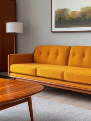 Stylish living room with a modern yellow sofa.