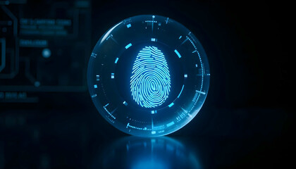 A glowing blue fingerprint icon is centered within a circular, translucent orb. The background features a dark, digital interface with circuit-like patterns and geometric shapes, emphasizing a high-te