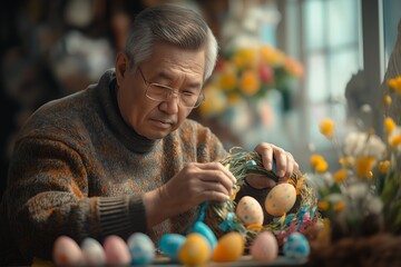 An elderly man carefully decorates an Easter wreath with colorful eggs, showcasing craftsmanship and the festive spirit of springtime celebrations.