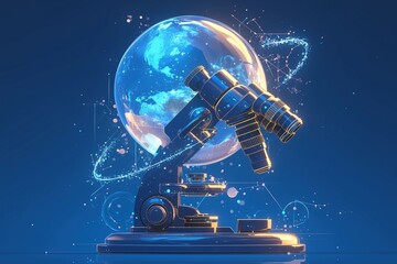 Microscope examining a glowing Earth globe, symbolizing global research and scientific discovery.