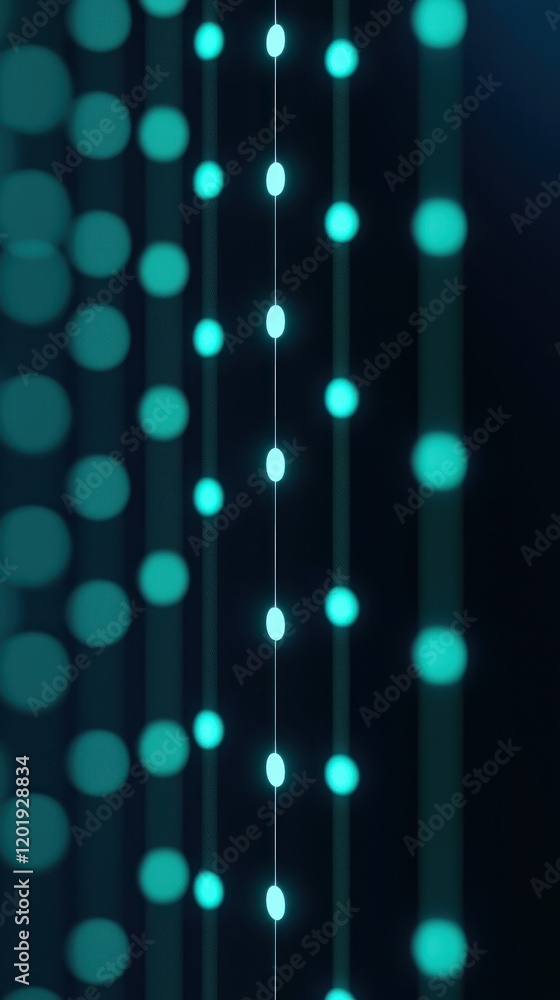 Poster abstract digital patterns with glowing teal dots on a dark background.