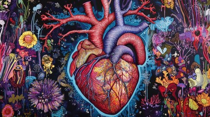 Naklejka premium A vibrant diagram of the human heart, labeled with arteries, valves, and chambers in detail