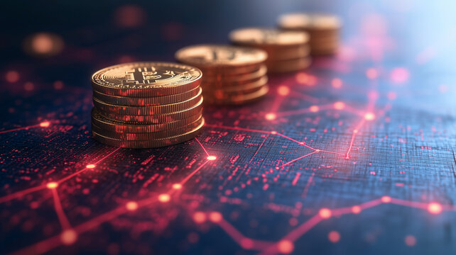 Cryptocurrency Growth: A captivating image of golden Bitcoin coins stacked on a digital map with glowing red nodes. - Powered by Adobe