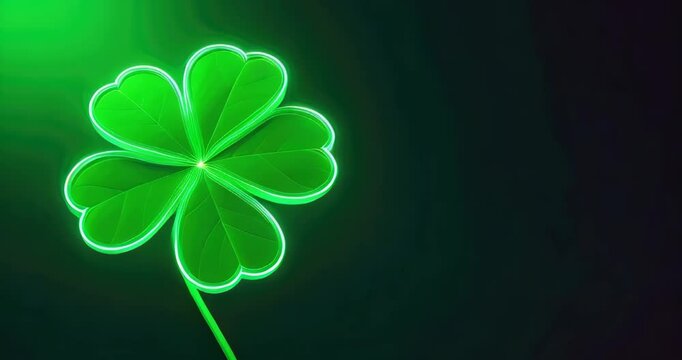 Neon shining four-leaf shamrock banner on Saint Patrick day with copy space on dark green background.
