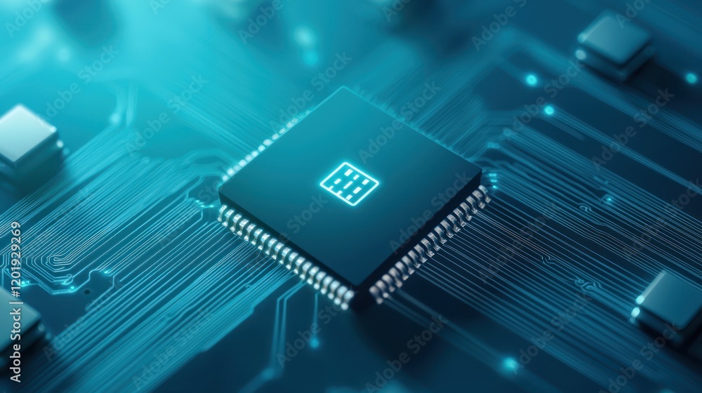 Poster close-up of a computer chip on a circuit board with glowing lines.