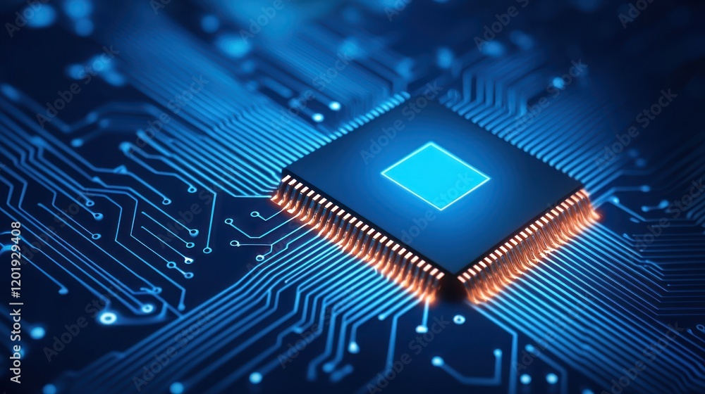 Aufkleber close-up of a microchip on a circuit board in blue light.