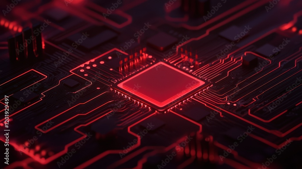 Poster close-up of a red microchip on a circuit board background.