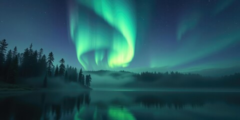 Aurora lights illuminate misty forest with towering trees and a tranquil lake surface, trees, vibrant, aurora borealis