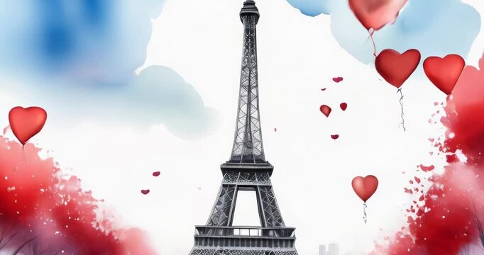 Eiffel Tower on Saint Valentines day with flying hearts balloons. Watercolor bright and festive illustration of romantic Paris and love