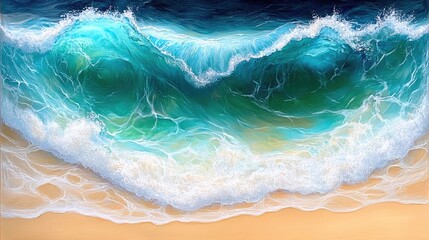 Fototapeta premium Ocean wave crashing on sandy beach; aerial view. Background clear blue water. Use website background