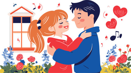 Fototapeta premium Embracing Couple in Love with Floral Background Minimal Vector Art