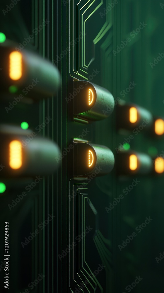 Poster close-up of glowing circuit board components in a modern design.