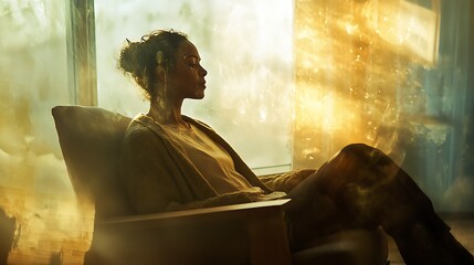 An adult seated in a chair with light gently highlighting their calm and peaceful expression