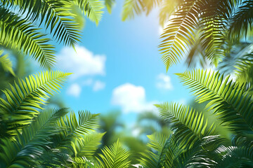 Fototapeta premium Vibrant Tropical Foliage and Sunny Sky Background