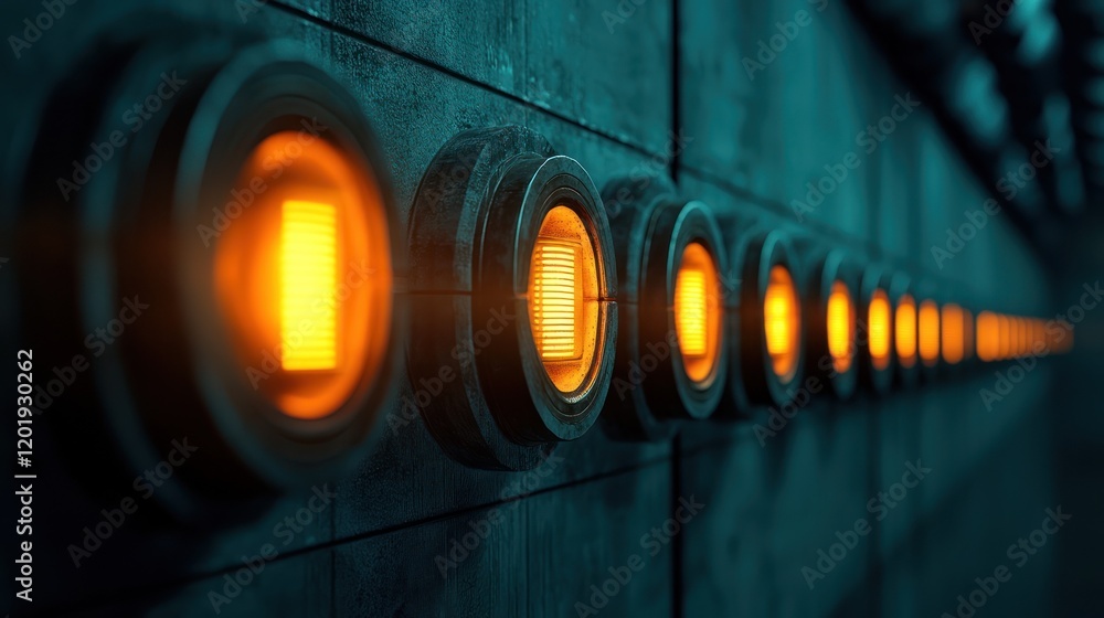 Poster close-up view of glowing buttons against a textured wall.