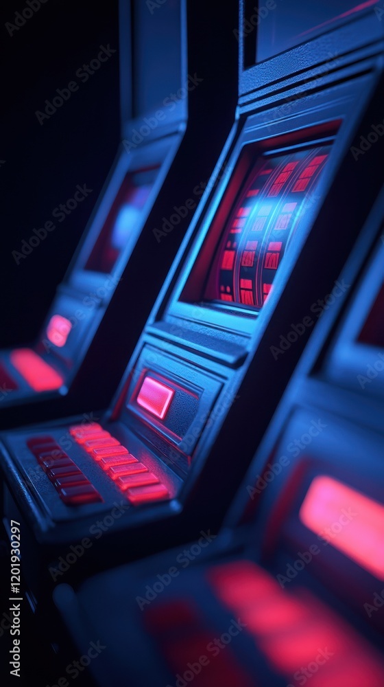 Poster close-up view of illuminated gaming machines in a dark setting.