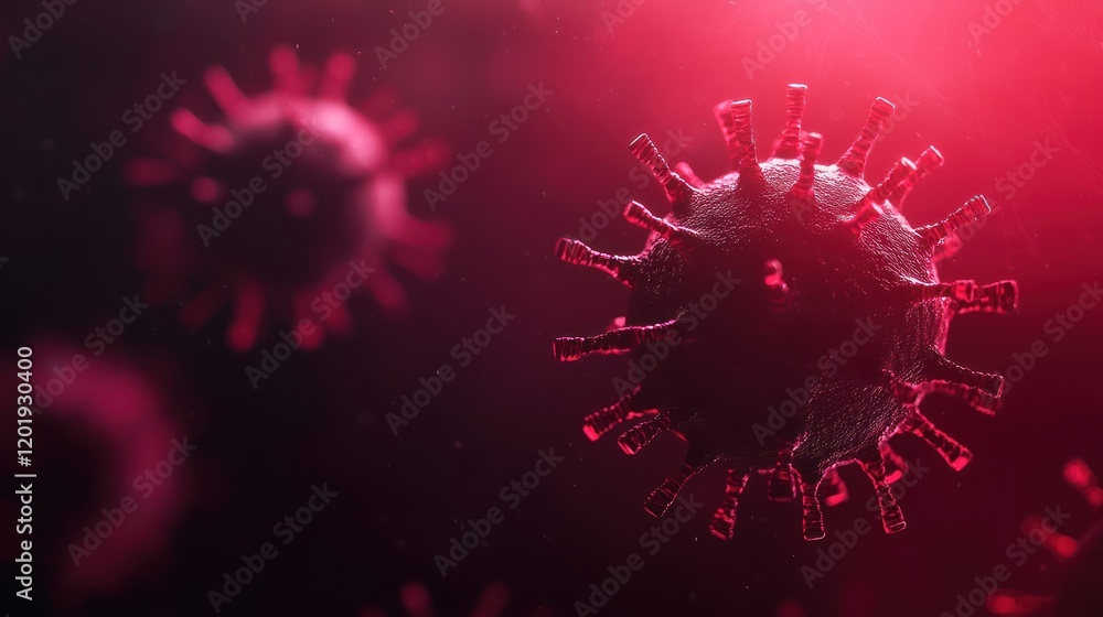 Poster close-up view of virus structure in red and dark background.