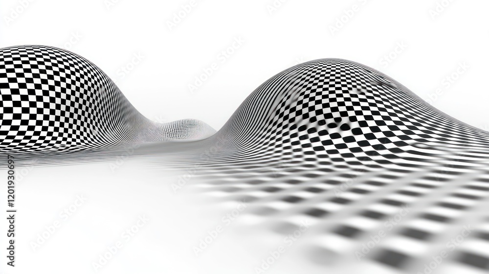 Poster abstract 3d rendering of undulating hills with a black and white checkered pattern creating a sense 